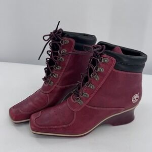 Timberland Wedge Ankle Boots Women  Burgundy Leather Square Toe Lace Up Sz‎ 9